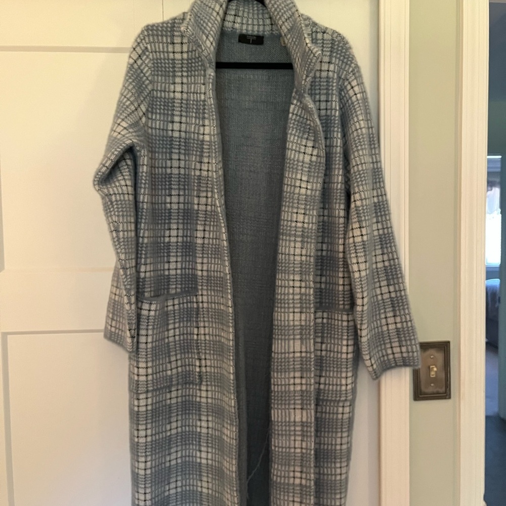 Tahari Light Blue and Cream Plaid Open Front Cardigan